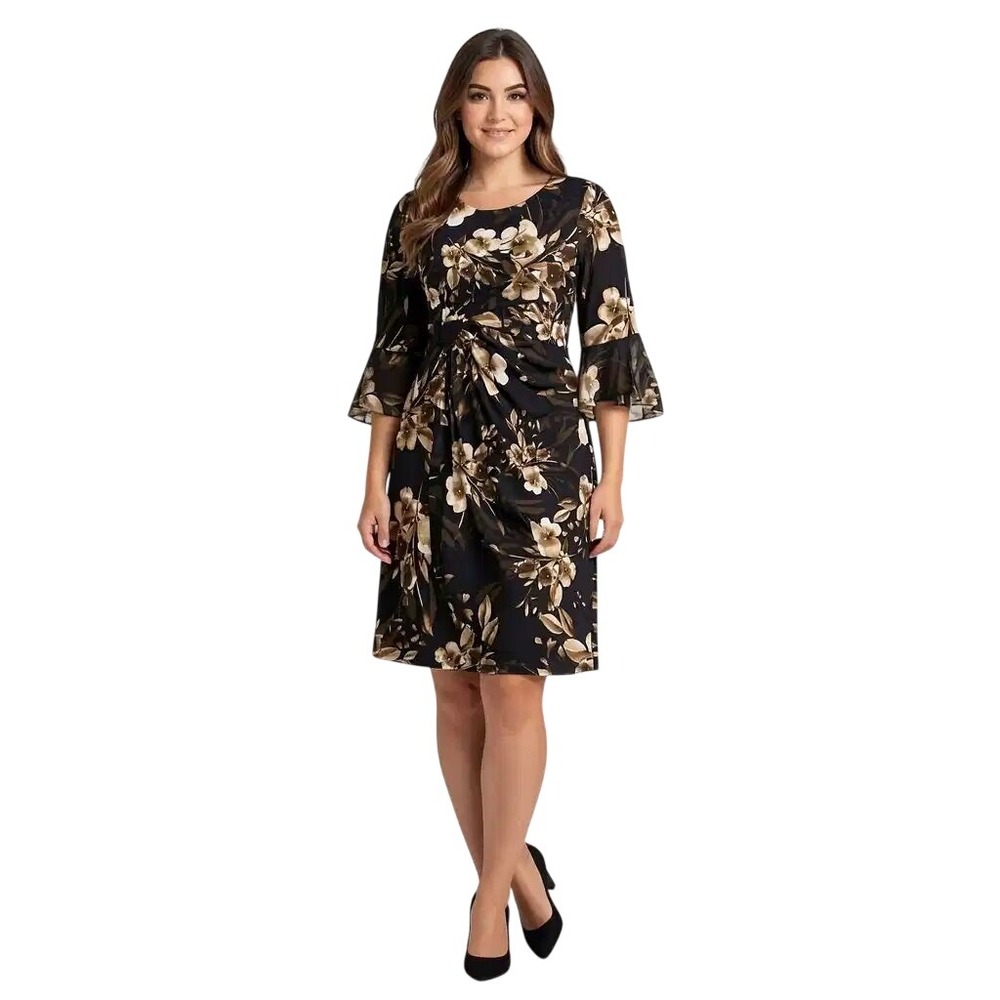 Connected Apparel Navy Floral Side Draped Bell Sleeve Sheath Dress Size 14 NEW